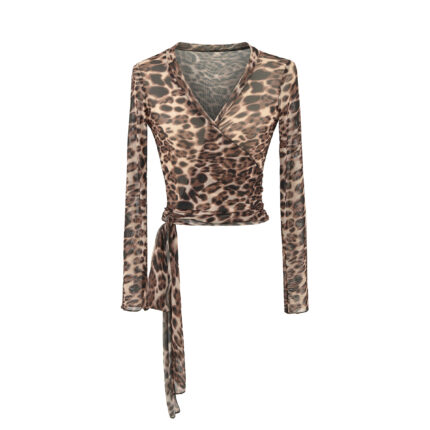 Leopard cross tie long sleeved top for women